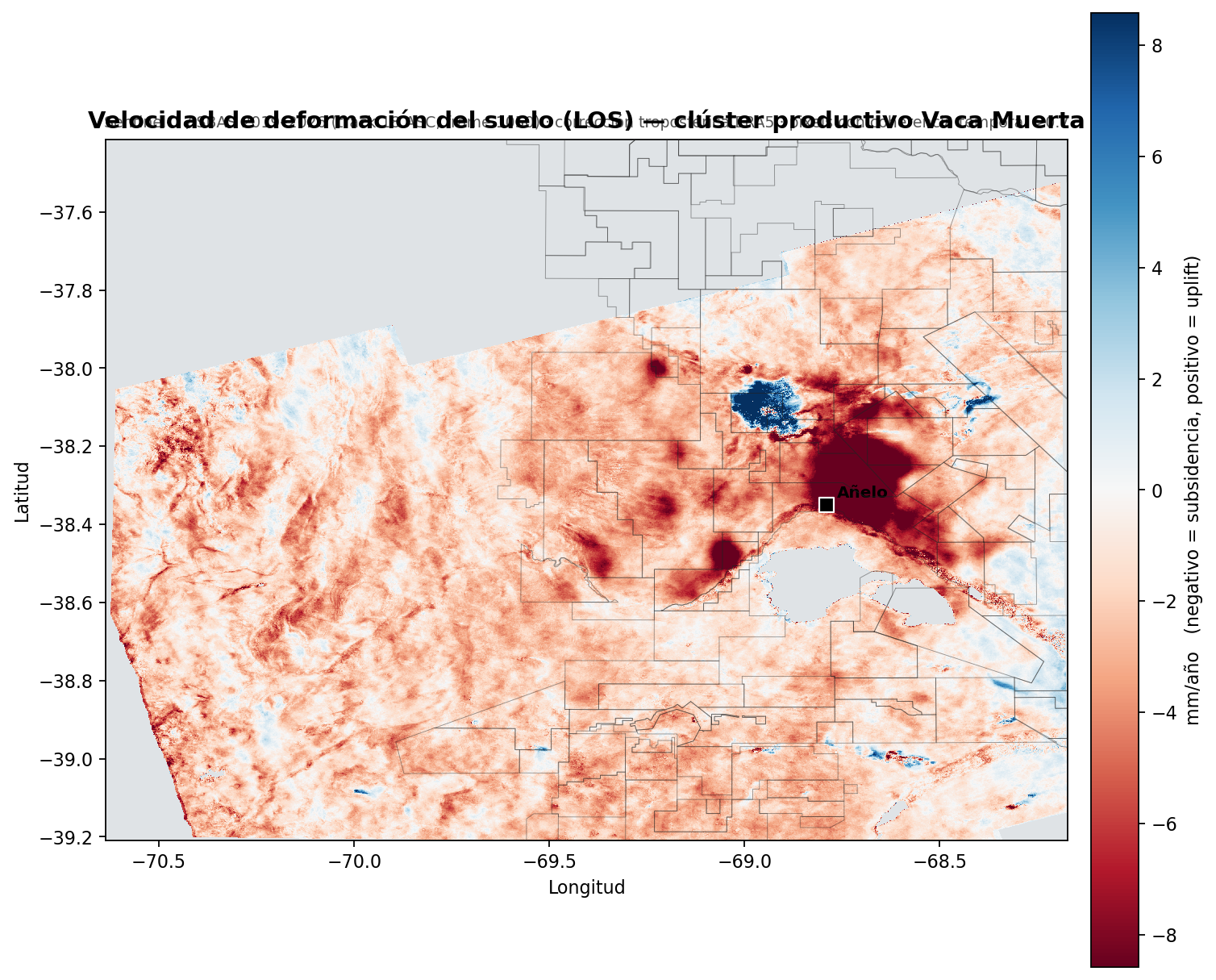 Mapa de velocidad de deformación, ~210×210 km en torno a Añelo
